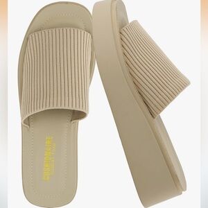 Cushionaire taupe weave platform sandals